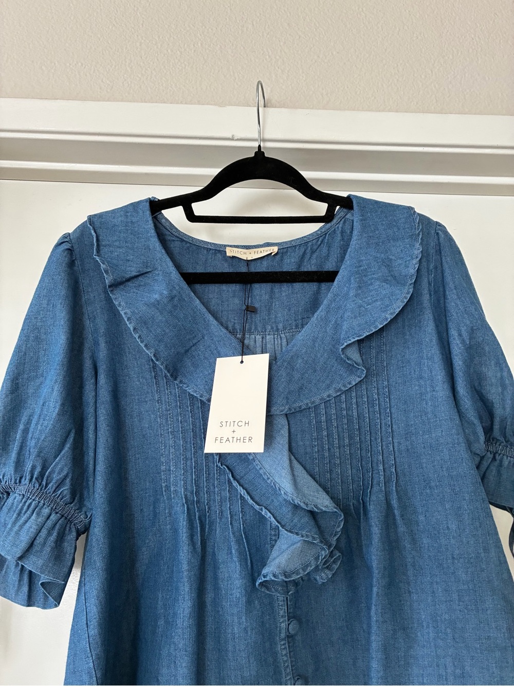 Washed Denim Ruffle-Front Blouse - Blue - Picture 5 of 6